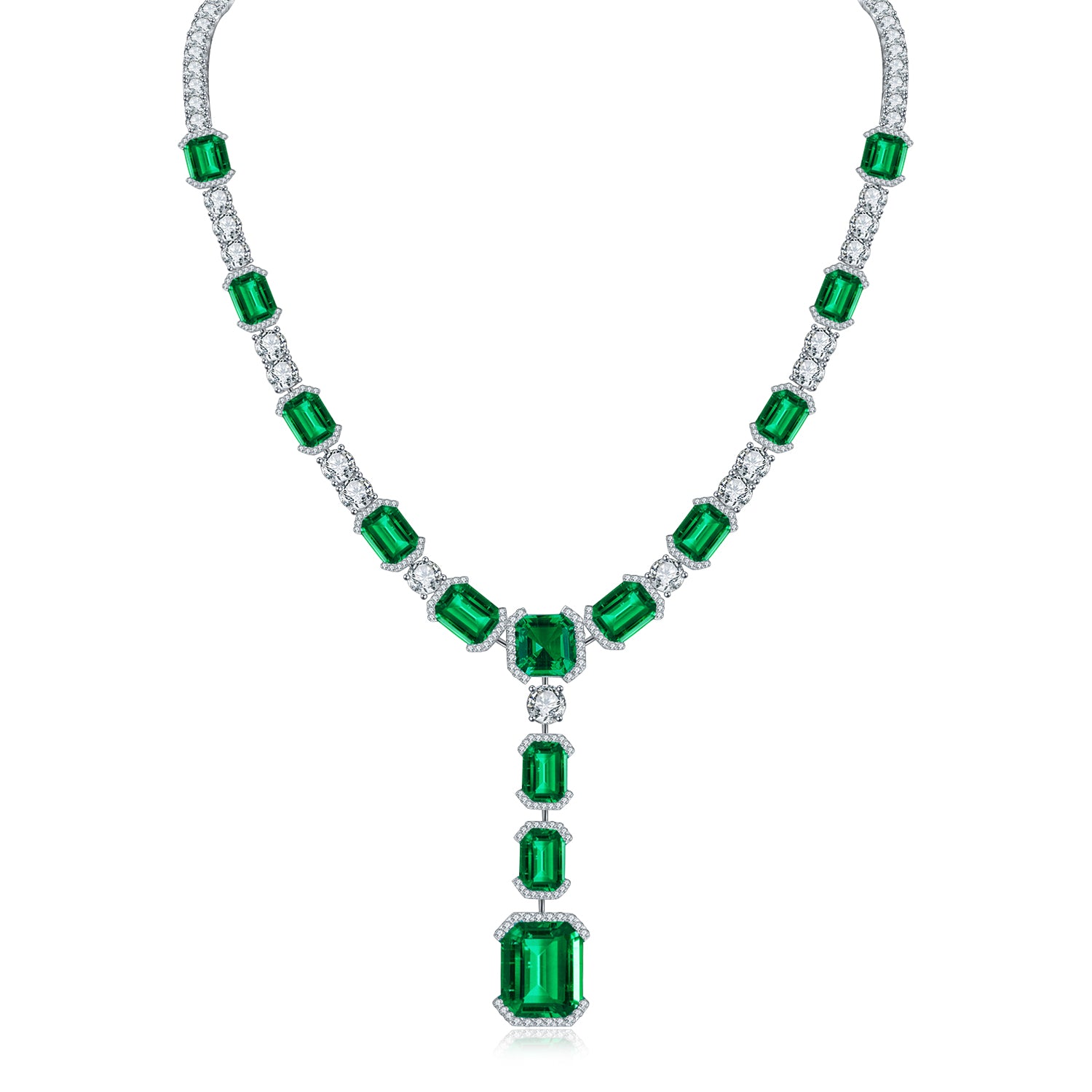 Emerald-Cut Green High-Carbon Stone Halo Drop Necklace in 925 Sterling Silver