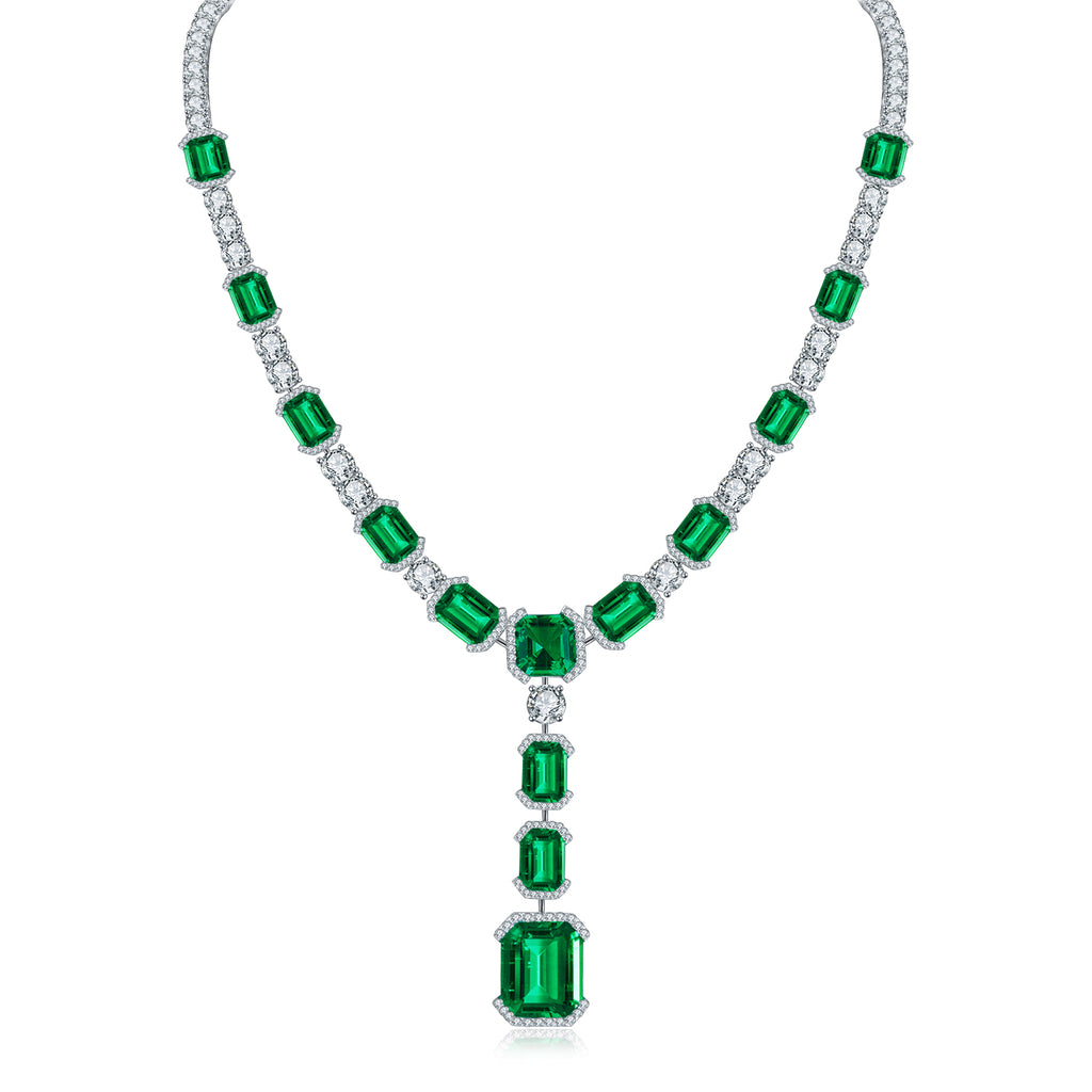 Emerald-Cut Green High-Carbon Stone Halo Drop Necklace in 925 Sterling Silver