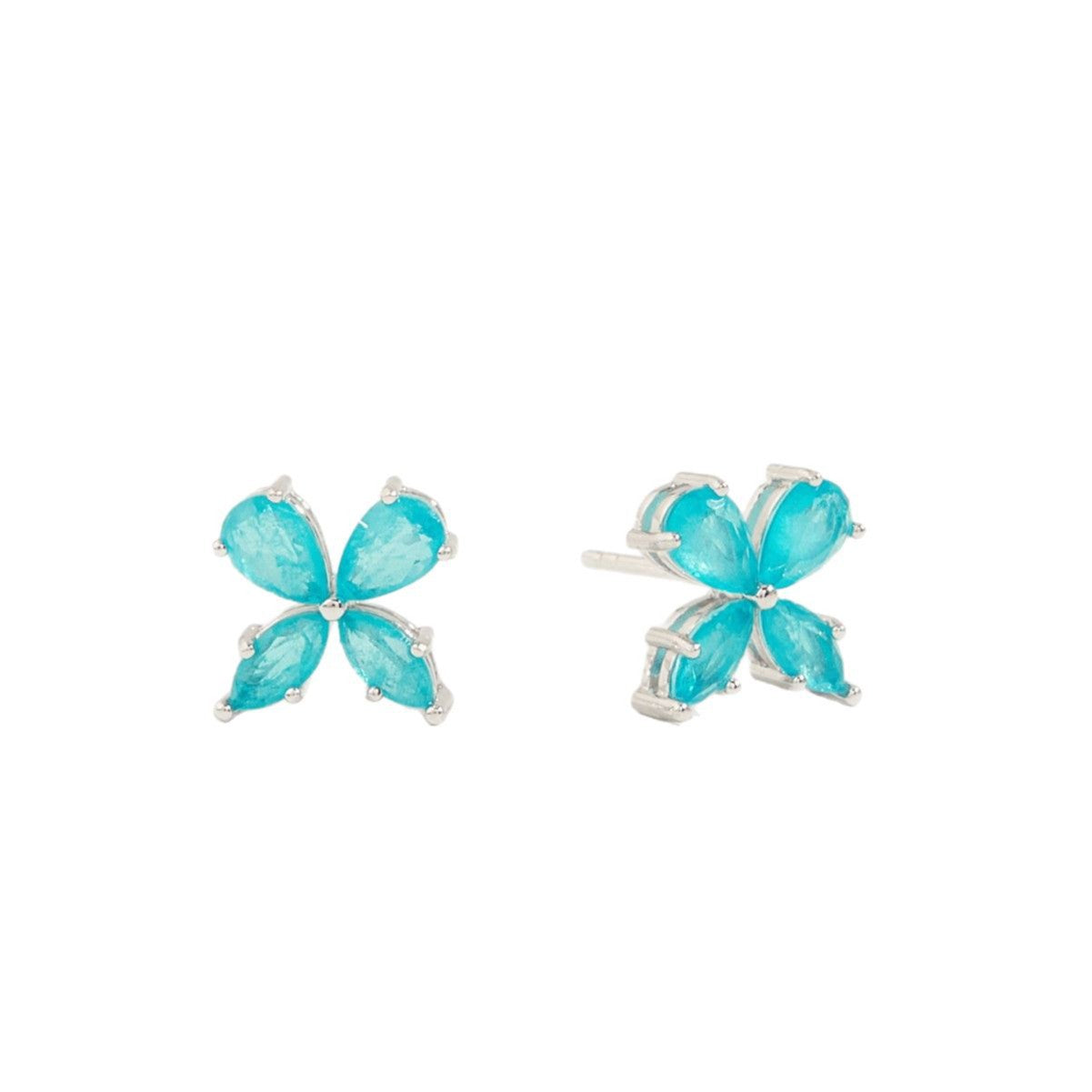 Synthetic Aquamarine Pear-Cut Four-Leaf Clover Stud Earrings in Sterling Silver