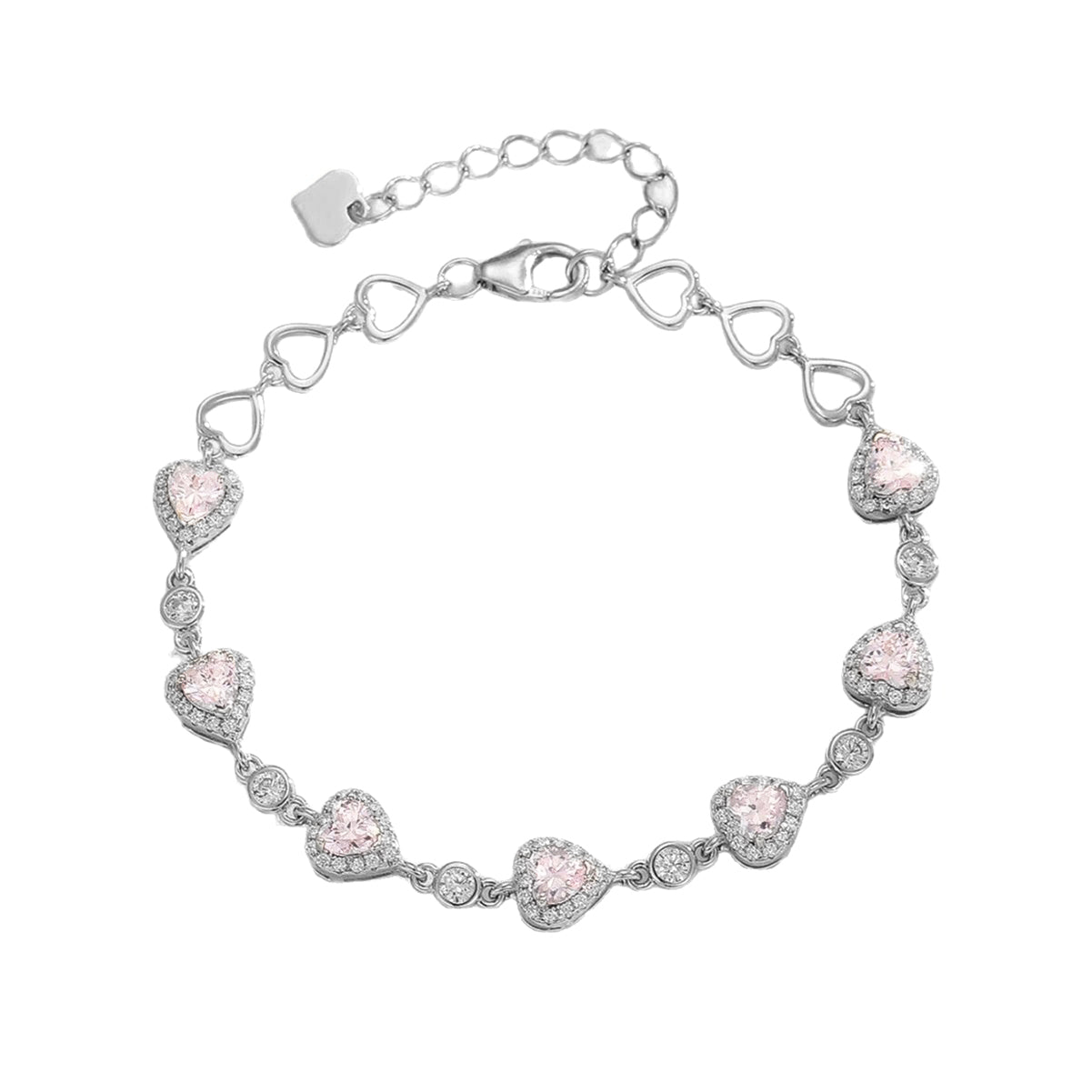 Pink Heart-Cut Moissanite Halo Link Bracelet in 925 Sterling Silver