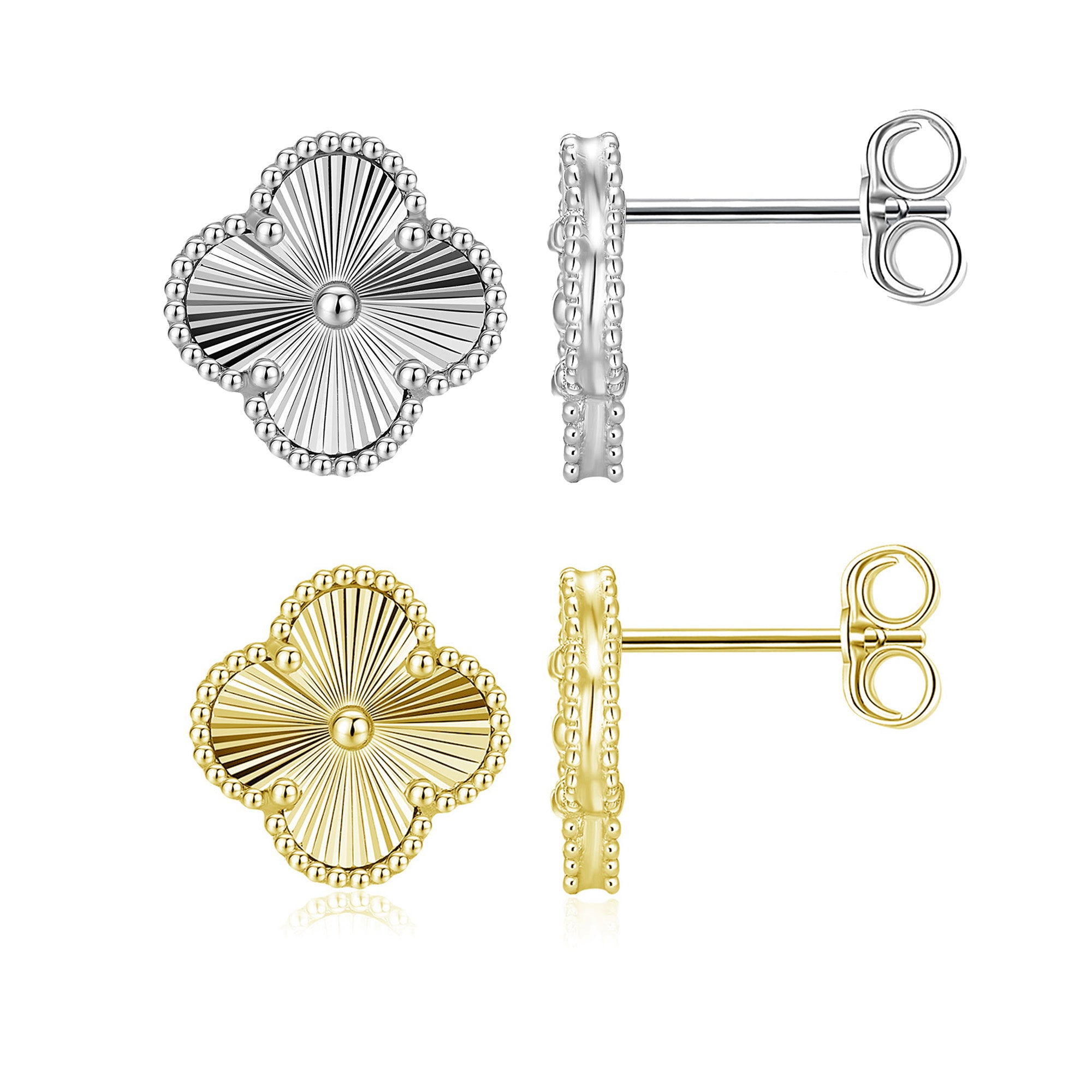 Vintage Brushed Four-Leaf Clover Stud Earrings in 925 Sterling Silver