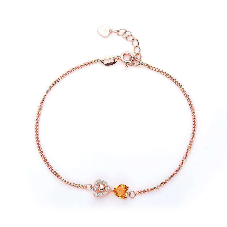 Heart-Cut Citrine Romantic Double Heart Chain Bracelet in 925 Sterling Silver