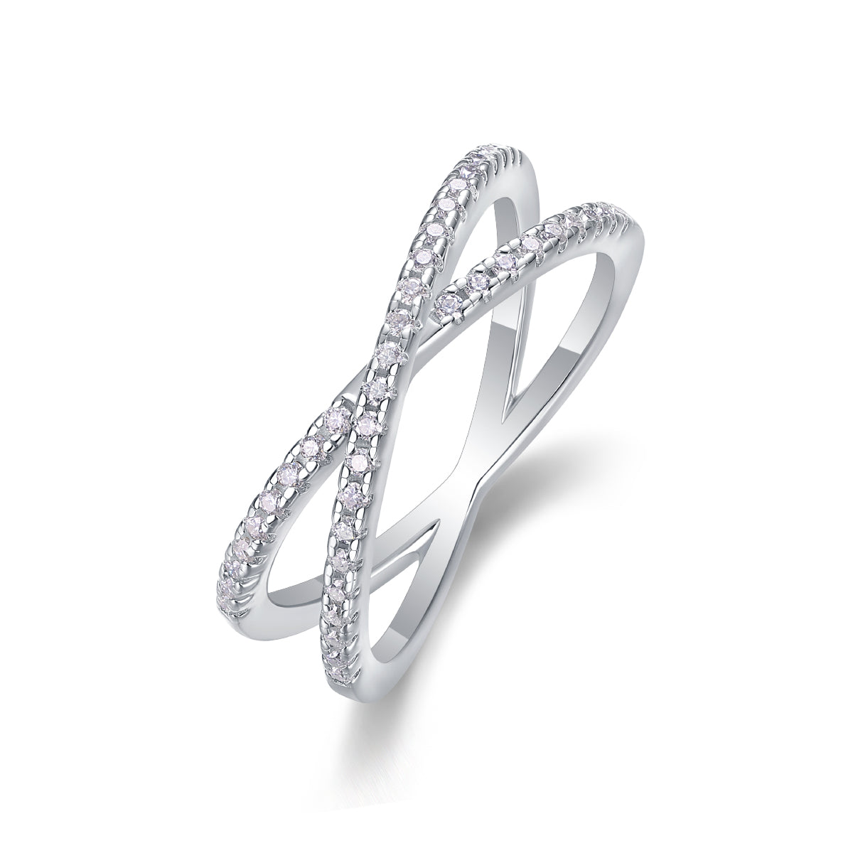 Round-Cut Moissanite Intertwined Pave Crossover Ring in Sterling Silver