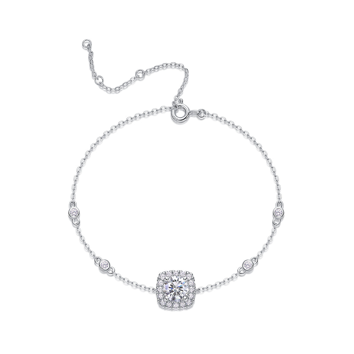 Round-Cut Moissanite Cushion Halo Station Bracelet in 925 Sterling Silver