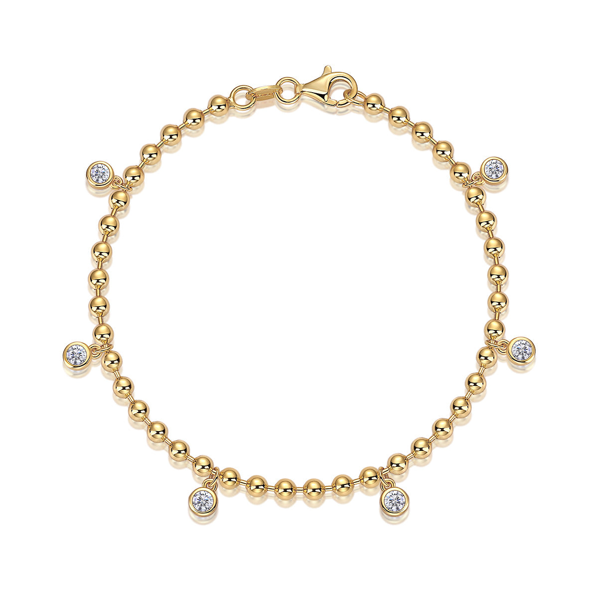 Round-Cut Moissanite Beaded Station Charm Bracelet in 925 Sterling Silver