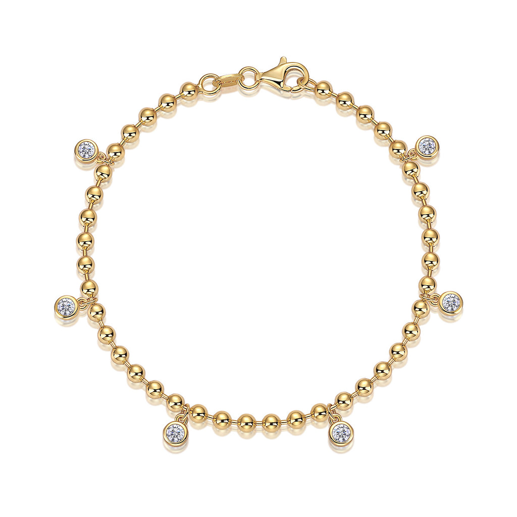 Round-Cut Moissanite Beaded Station Charm Bracelet in 925 Sterling Silver