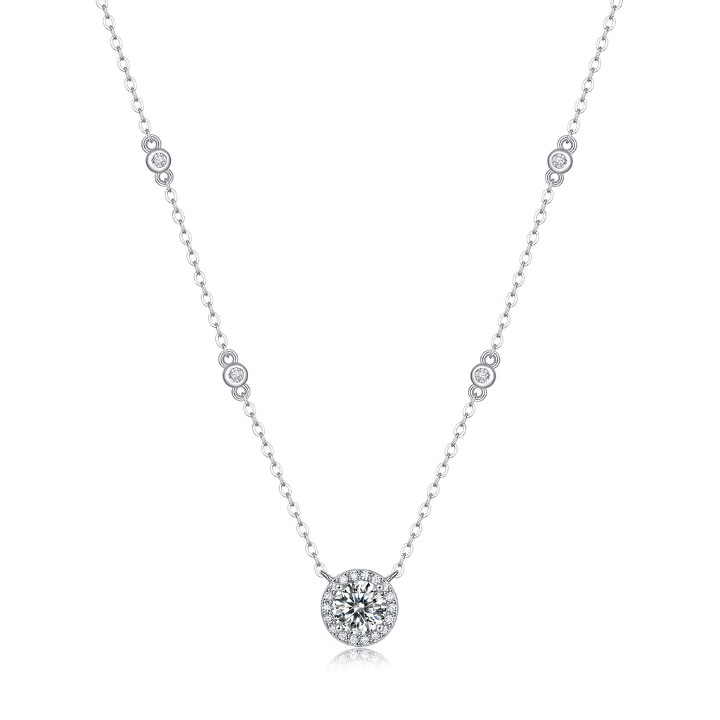 Round-Cut Moissanite Halo Station Pendant Necklace in 925 Sterling Silver