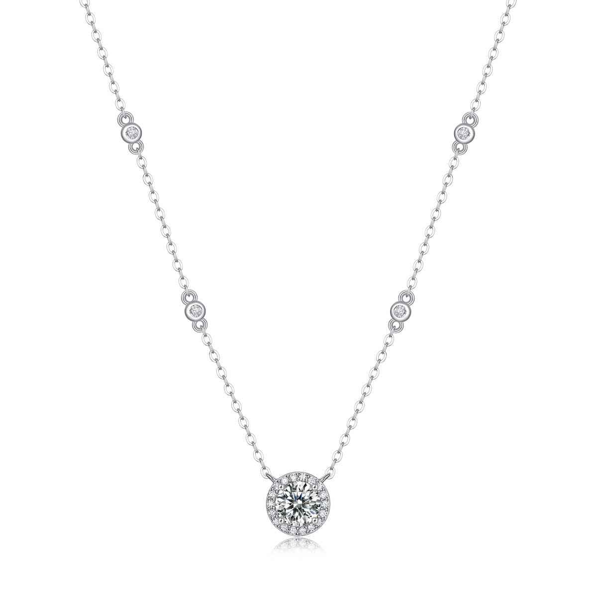 Round-Cut Moissanite Halo Station Pendant Necklace in 925 Sterling Silver