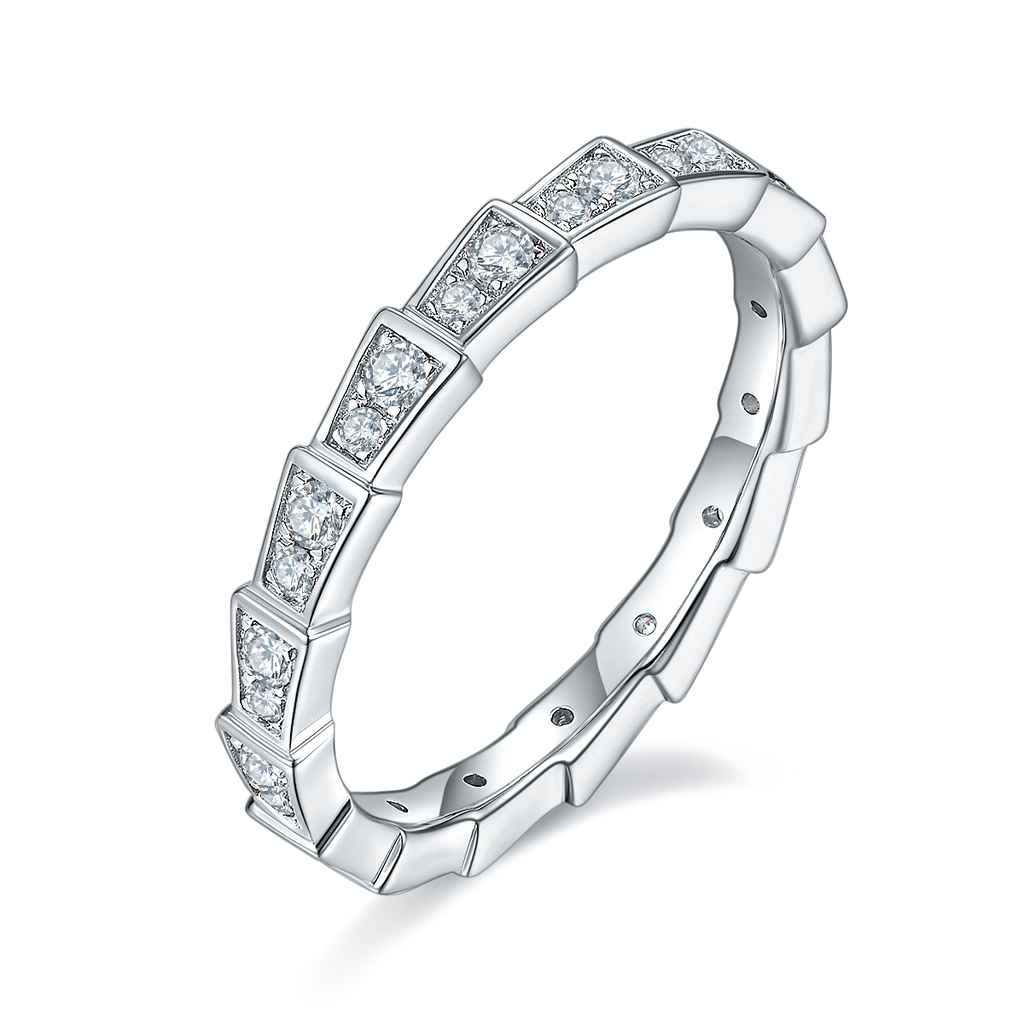White Moissanite Geometric Snake-Inspired Eternity Ring in 925 Sterling Silver