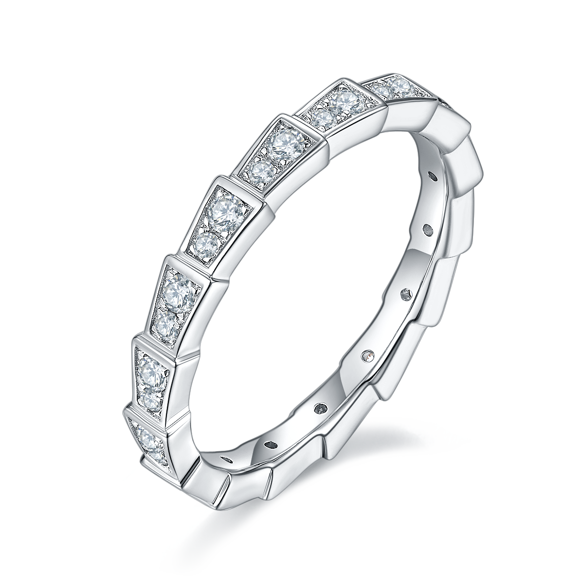 White Moissanite Geometric Snake-Inspired Eternity Ring in 925 Sterling Silver