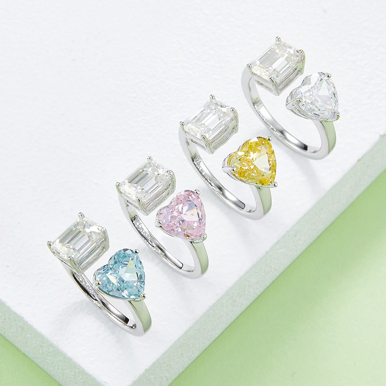 Heart and Emerald-Cut Moissanite Open Bypass Ring in 925 Sterling Silver