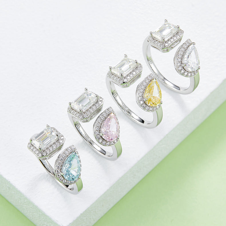 Moissanite Pear and Emerald-Cut Halo Open Ring in 925 Sterling Silver