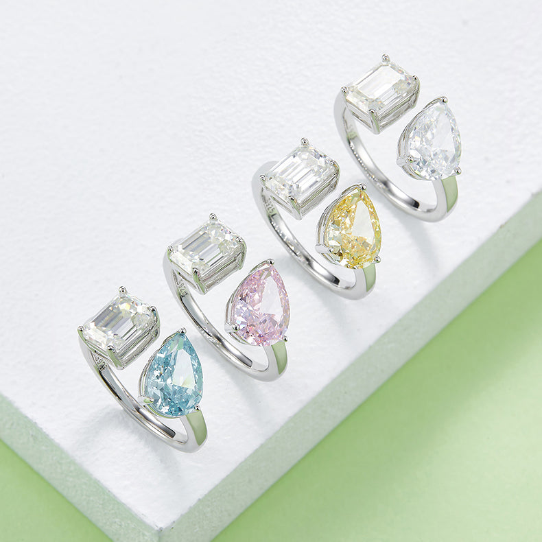 Pear and Emerald-Cut Moissanite Toi et Moi Open Ring in 925 Sterling Silver