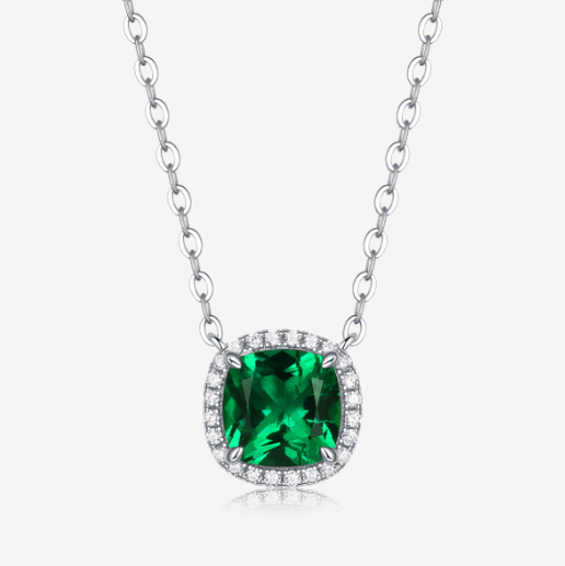 Cushion-Cut Lab-Created Gem Halo Pendant Necklace in 925 Sterling Silver