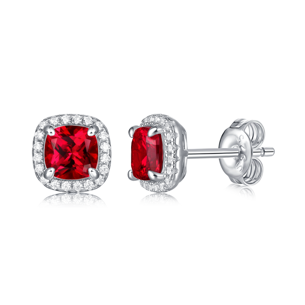 Cushion-Cut Lab Gemstone Halo Stud Earrings in 925 Sterling Silver