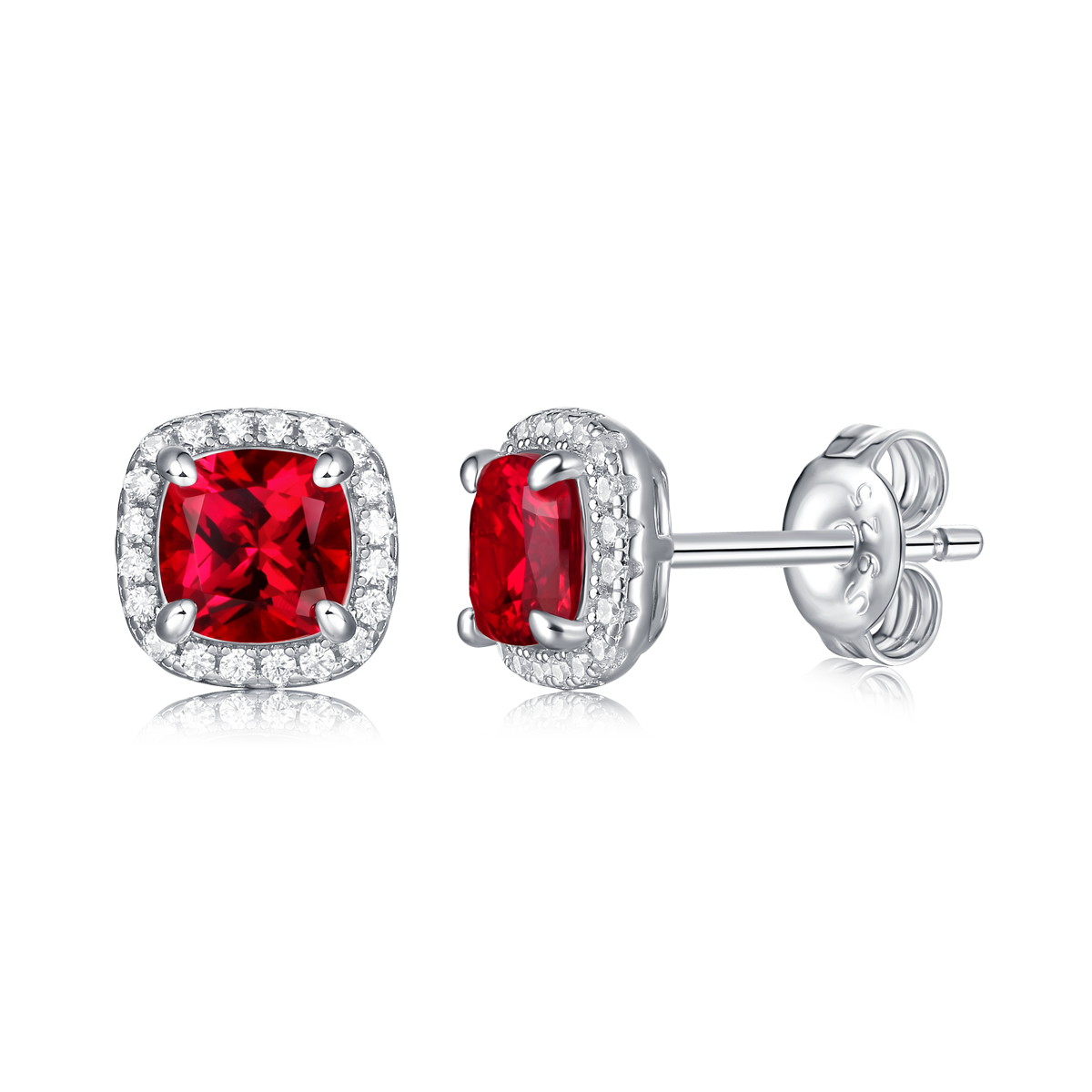 Cushion-Cut Lab Gemstone Halo Stud Earrings in 925 Sterling Silver