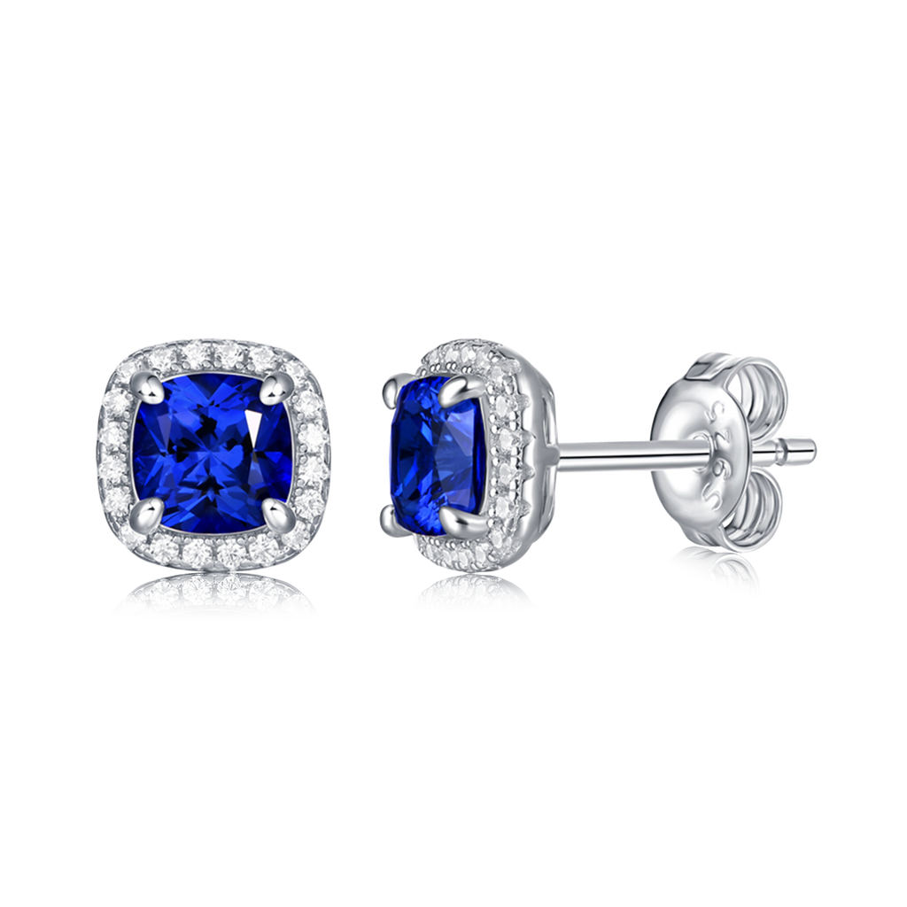 Cushion-Cut Lab Gemstone Halo Stud Earrings in 925 Sterling Silver