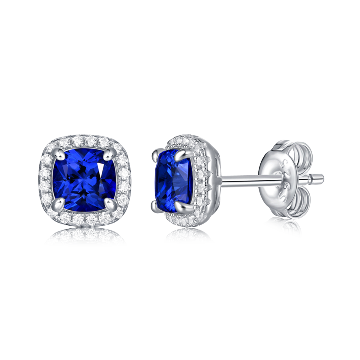 Cushion-Cut Lab Gemstone Halo Stud Earrings in 925 Sterling Silver