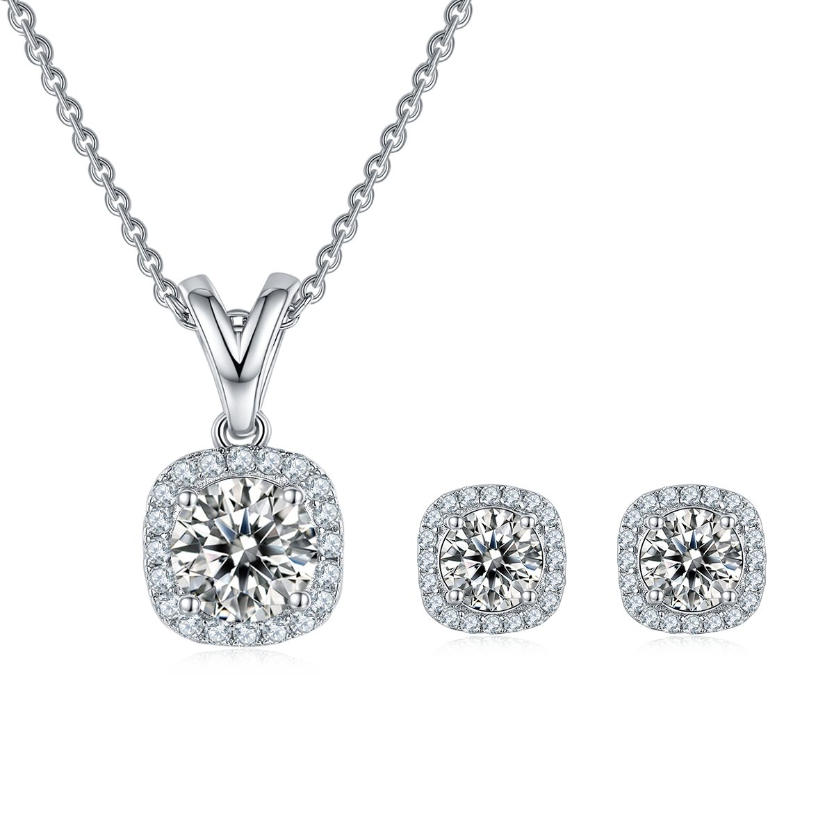 Round-Cut Moissanite Cushion Halo Stud Earrings in 925 Sterling Silver