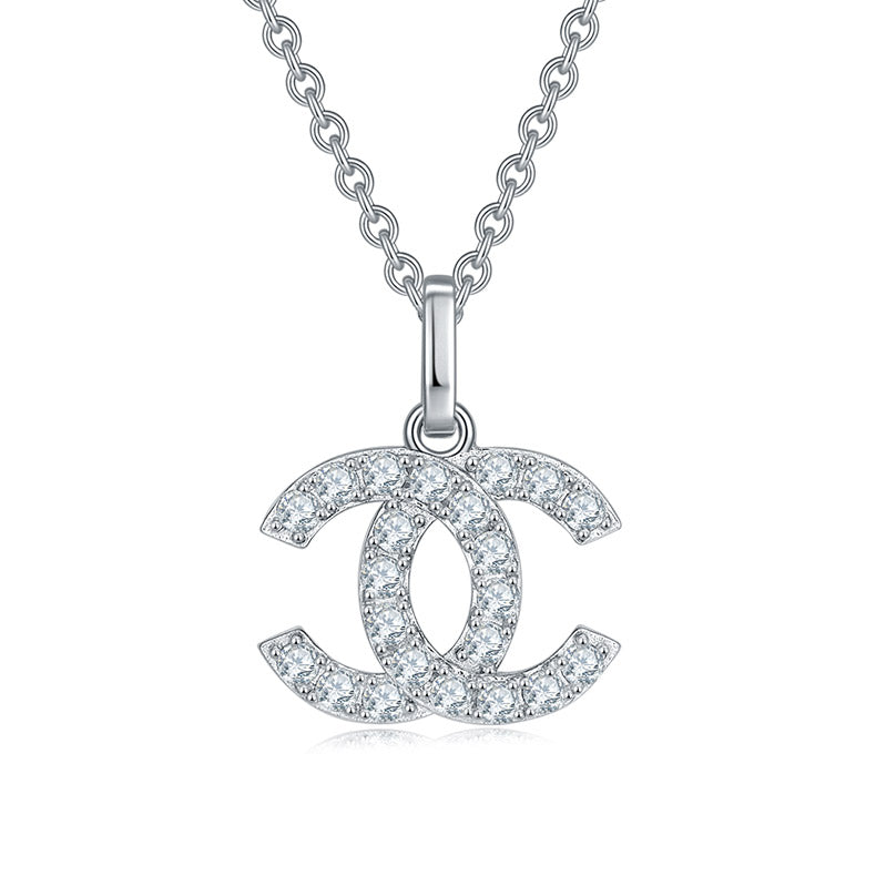 Round-Cut Moissanite Double-C Pave Pendant Necklace in 925 Sterling Silver