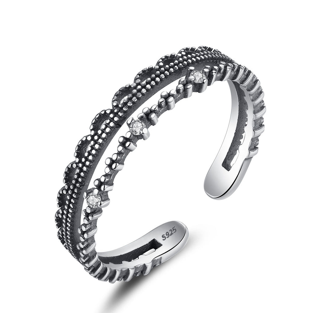 Vintage CZ Hollow Double 925 Sterling Silver Adjustable Ring