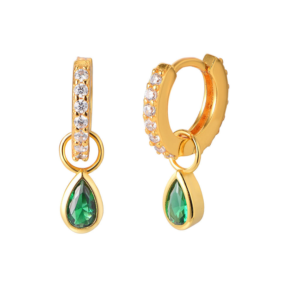 Elegant Fashionable Water Drop Shape Emerald Cubic Zirconia 925 Sterling Silver Dangle Hoop Earrings