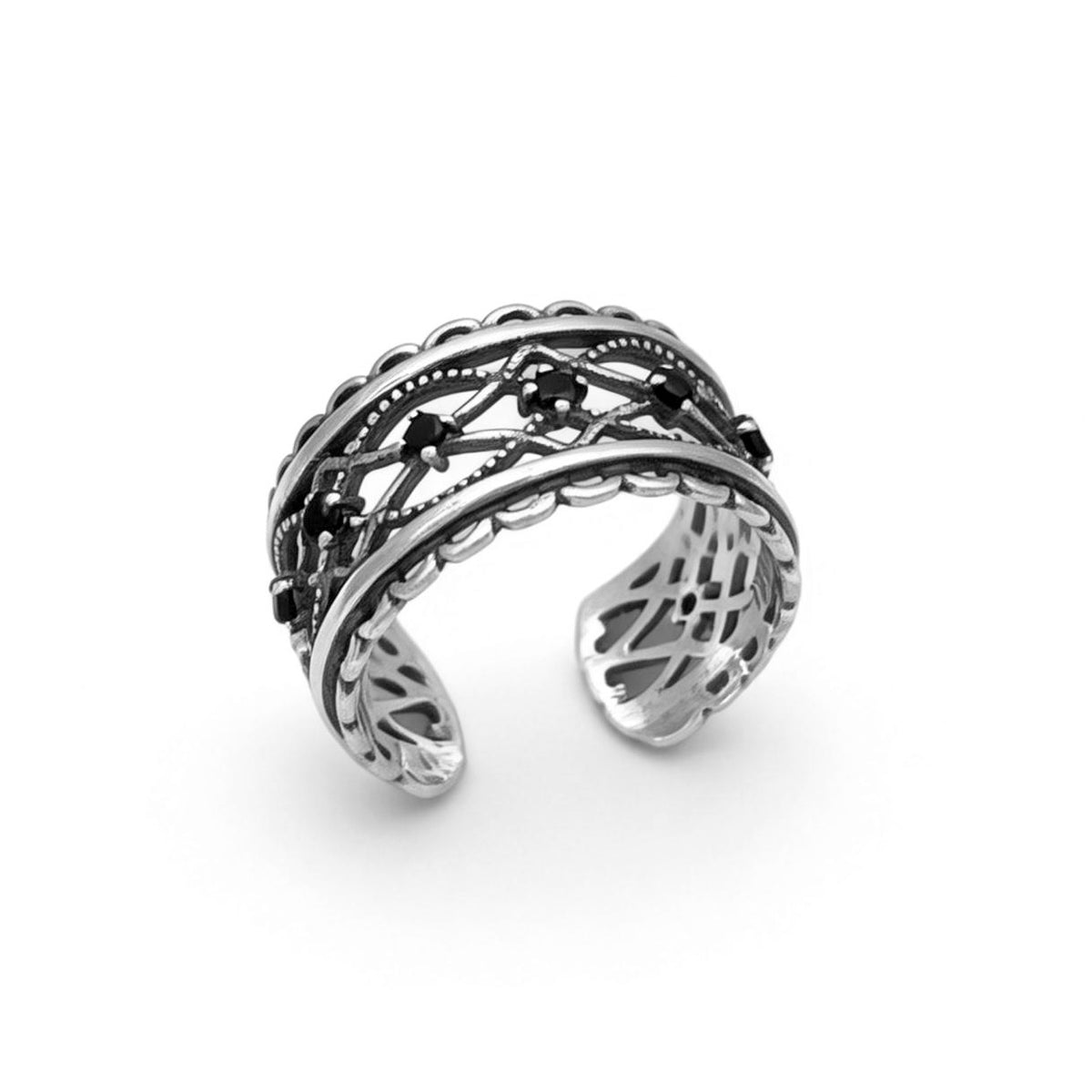 Vintage Style Twisted Knot Black Onyx Accents in 925 Sterling Silver  Open Adjustable Ring