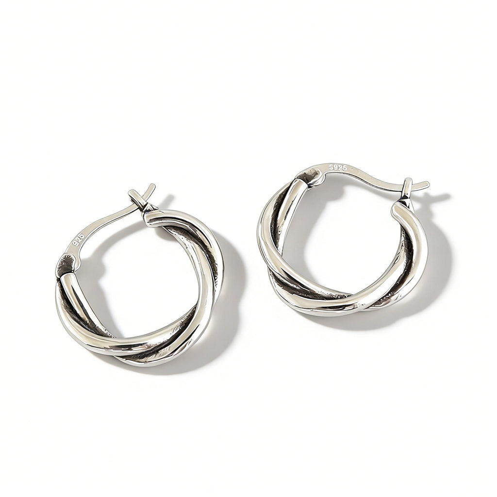 Vintage Twisted Design Retro Silver S925 Sterling Silver Hoop Earrings f