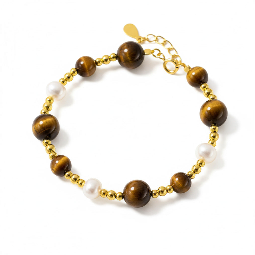 Tiger Eye Stone And Pearl Beaded S925 Silver Round Bead Chain Bracelet