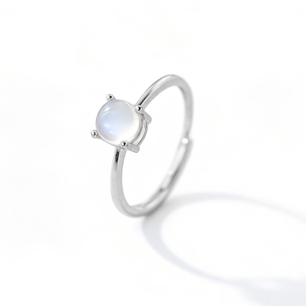 Round Moonstone Natural Stone Four Prong S925 Sterling Silver Adjustable Open Ring