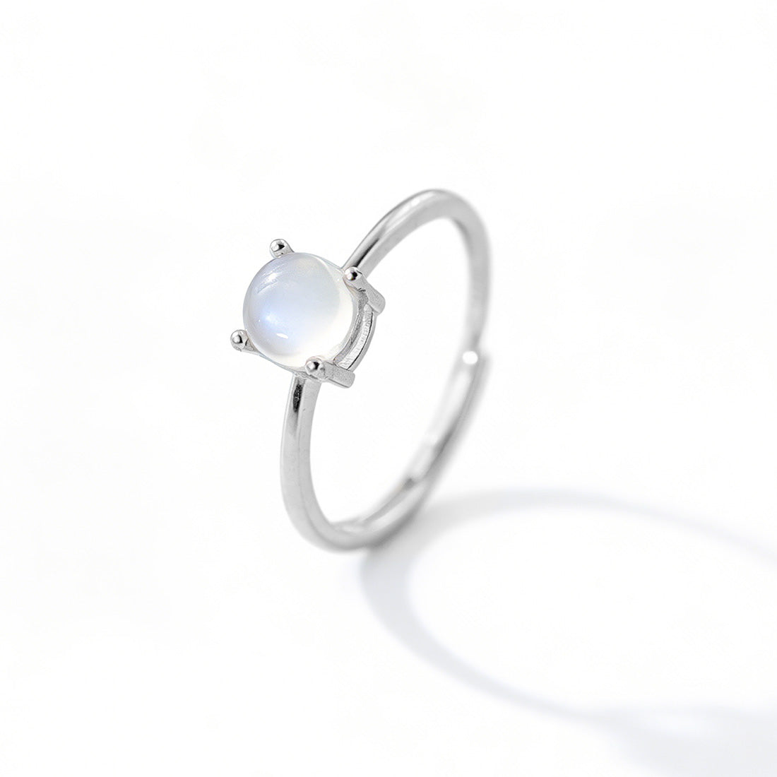 Round Moonstone Natural Stone Four Prong S925 Sterling Silver Adjustable Open Ring