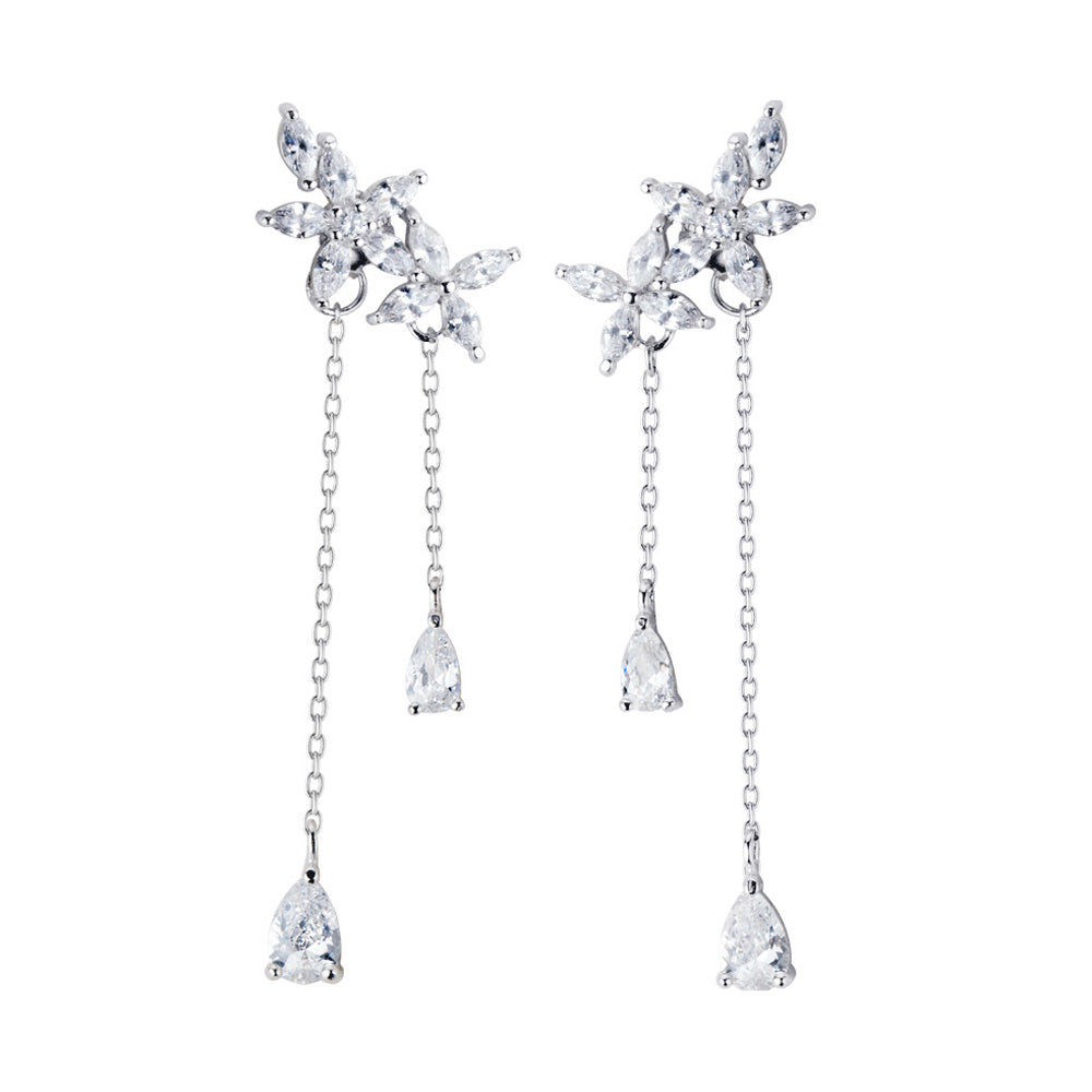 Five Petal Flower Marquise Leaf Teardrop Tassel Cubic Zirconia S925 Silver Dangle Earrings