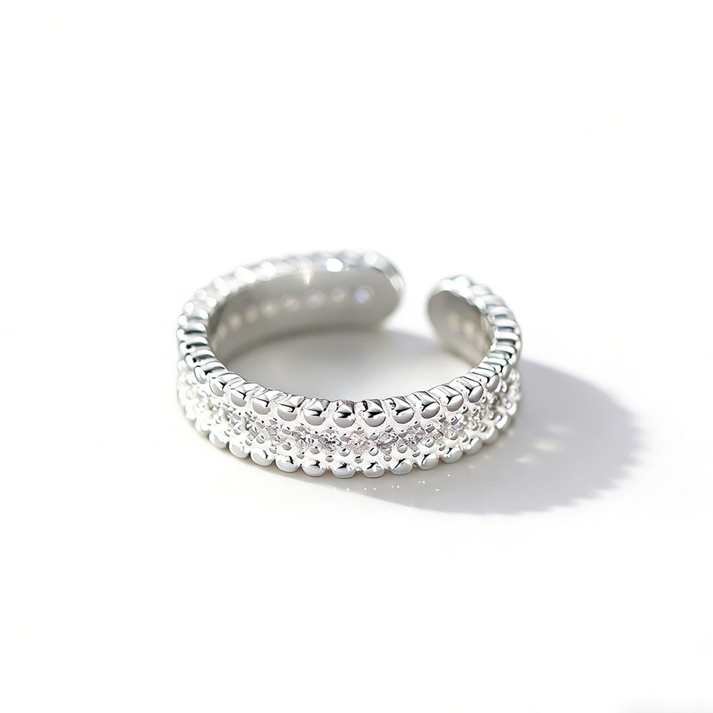 Cubic Zirconia Multi Row Pave Beaded Edge S925 Sterling Silver Adjustable Open Band Ring
