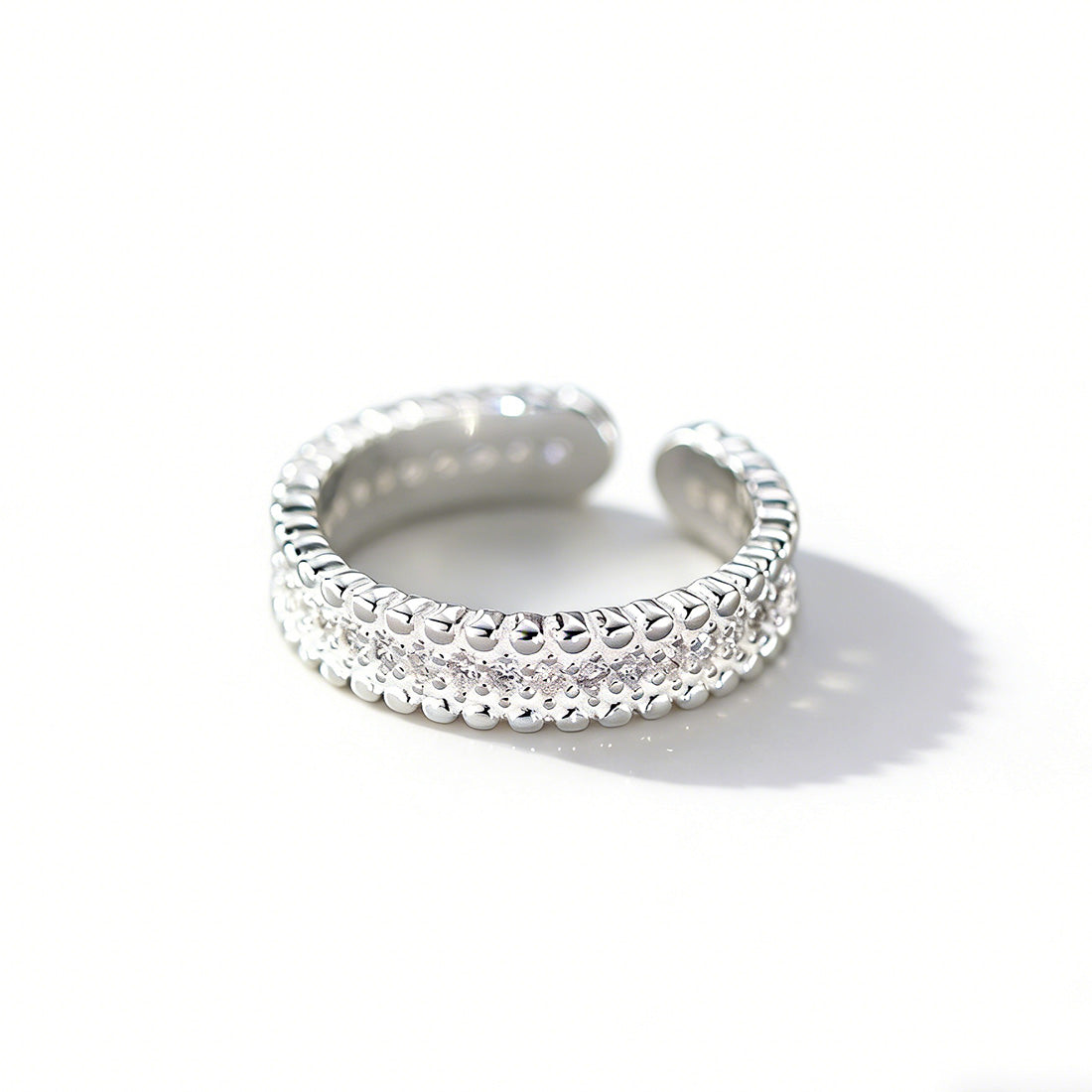 Cubic Zirconia Multi Row Pave Beaded Edge S925 Sterling Silver Adjustable Open Band Ring