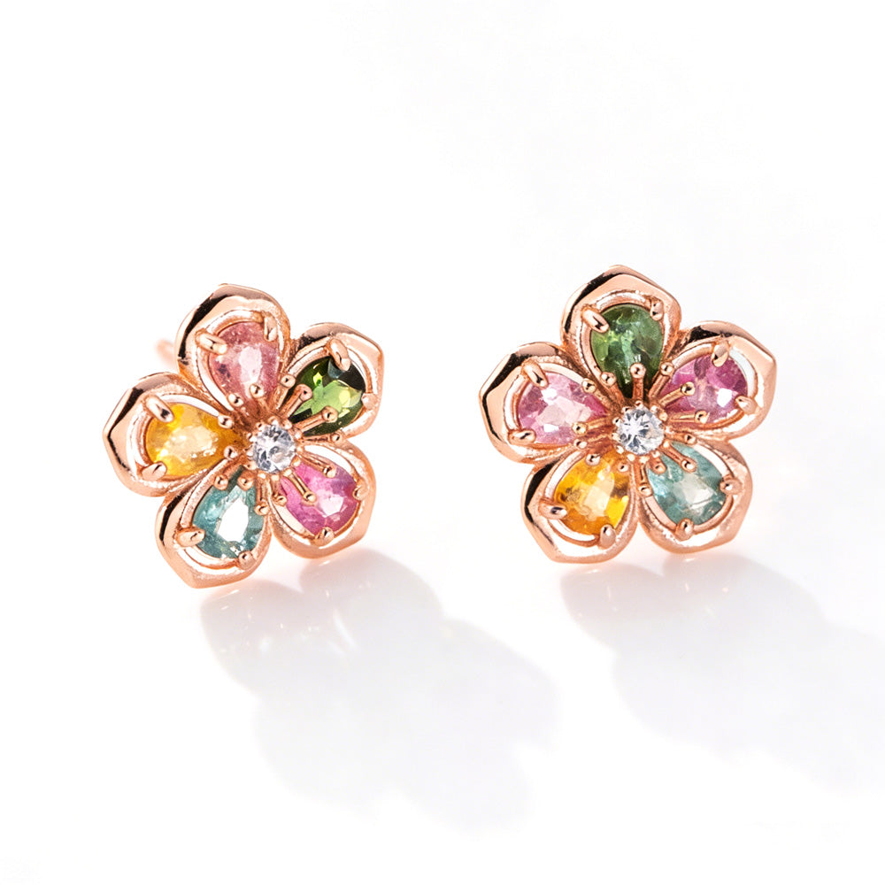 Natural Stone Five Petal Plum Blossom Flower Rose Gold Tone S925 Sterling Silver Stud Earrings