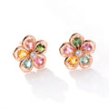 Natural Stone Five Petal Plum Blossom Flower Rose Gold Tone S925 Sterling Silver Stud Earrings
