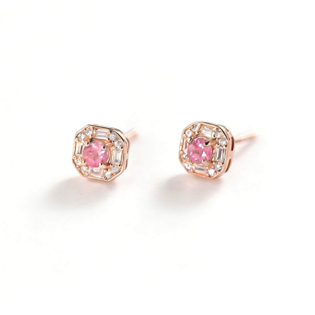 Delicate Square Halo Pink Center Stone Rose Gold Tone 925 Sterling Silver Mini Delicate Ear Stud Earrings