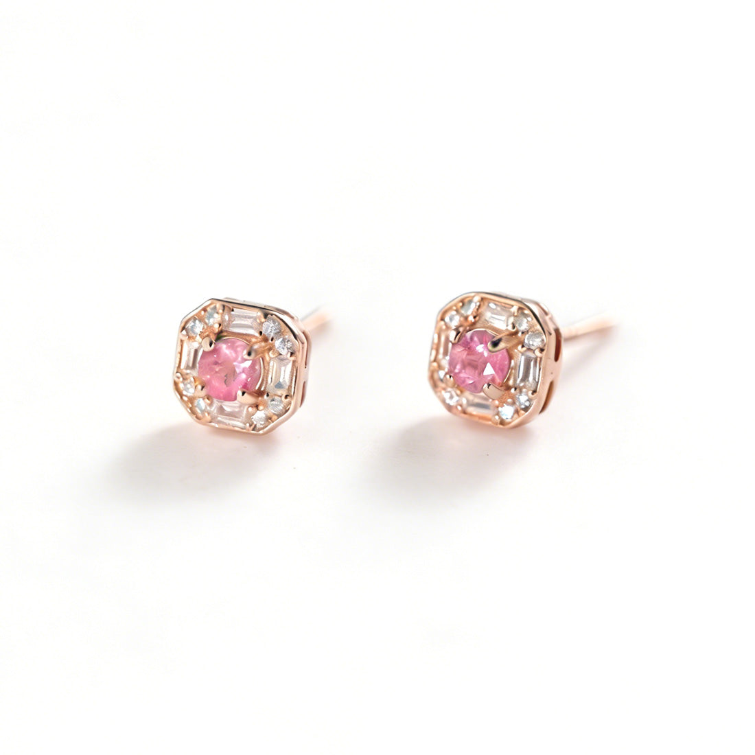 Delicate Square Halo Pink Center Stone Rose Gold Tone 925 Sterling Silver Mini Delicate Ear Stud Earrings