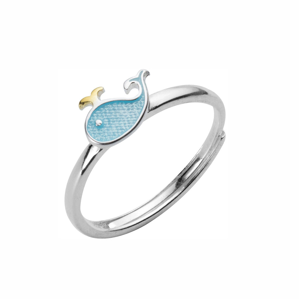 Cute Blue Enamel Whale Mini Delicate Ring In S925 Sterling Silver Adjustable Open Ring
