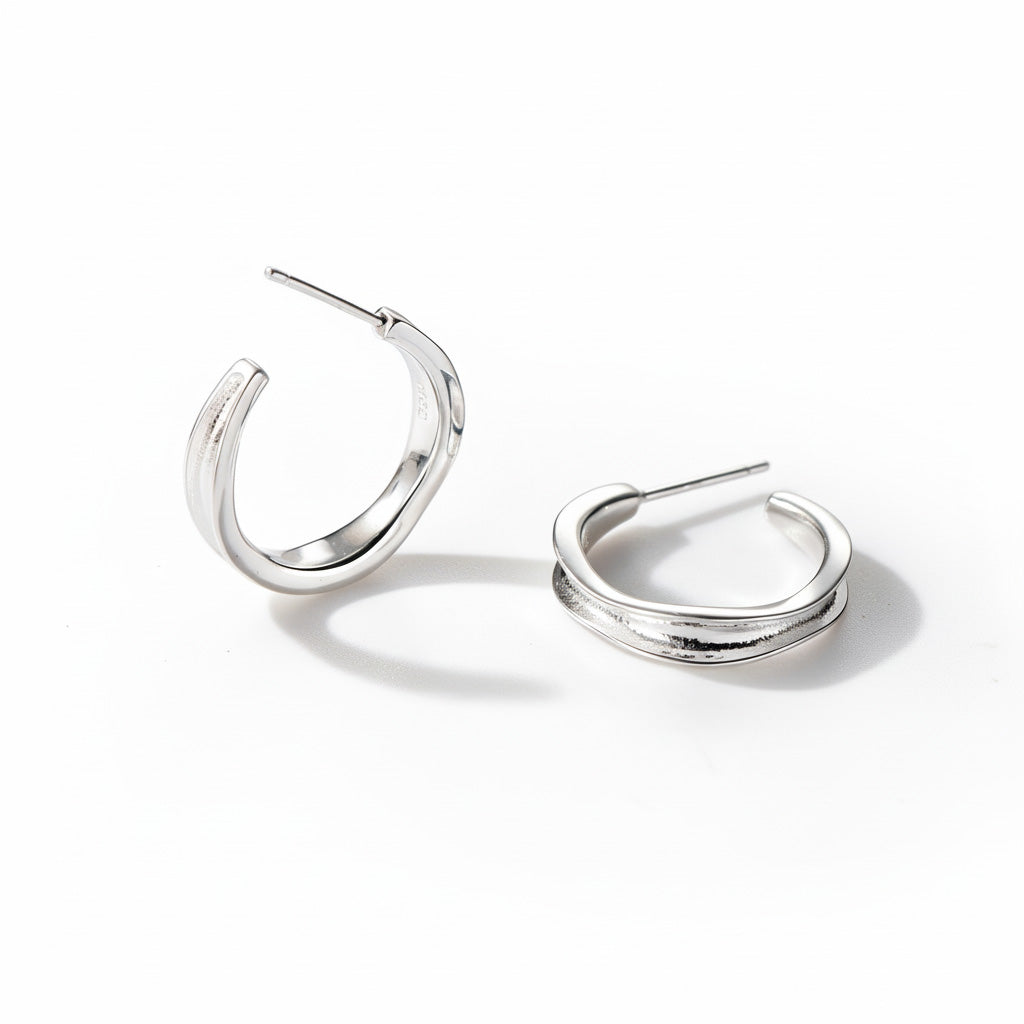 Silver Concave Geometric C S925 Sterling Silver Shape Hoop Earrings