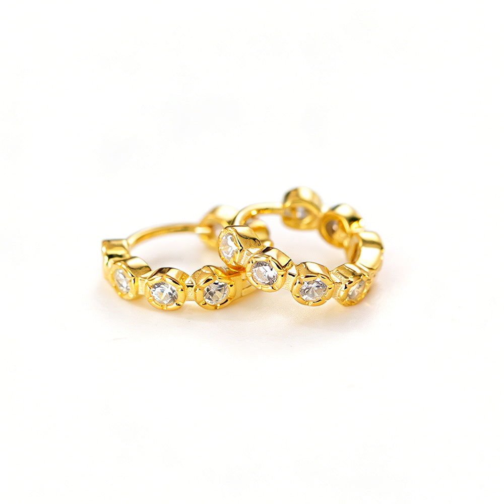 Cubic Zirconia Round Bezel Set Huggie Hoop Earrings In 925 Sterling Silver With Silver Or Yellow Gold Finish Minimalist Shining Elegant Fashion Earrings