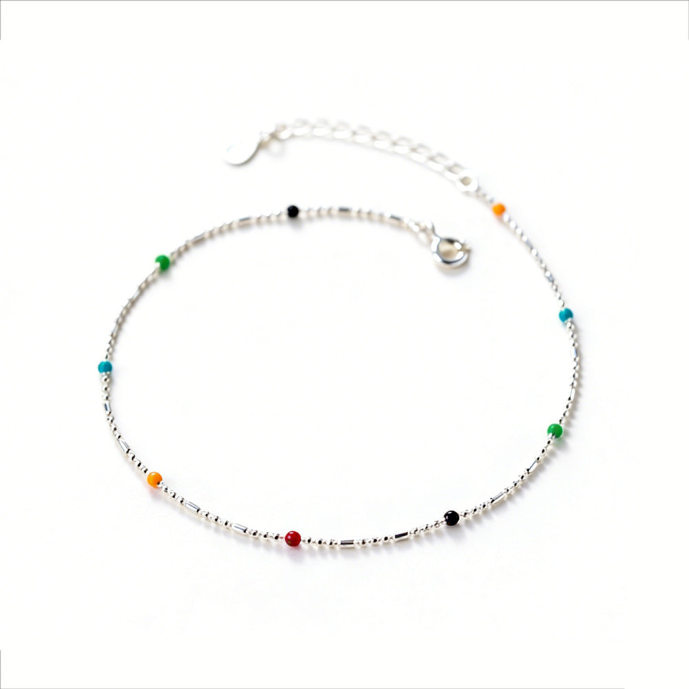 Mini Delicate Multicolor Round Bead Geometric Silver Anklet Pure Metal S925 Sterling Silver Adjustable Chain Anklet
