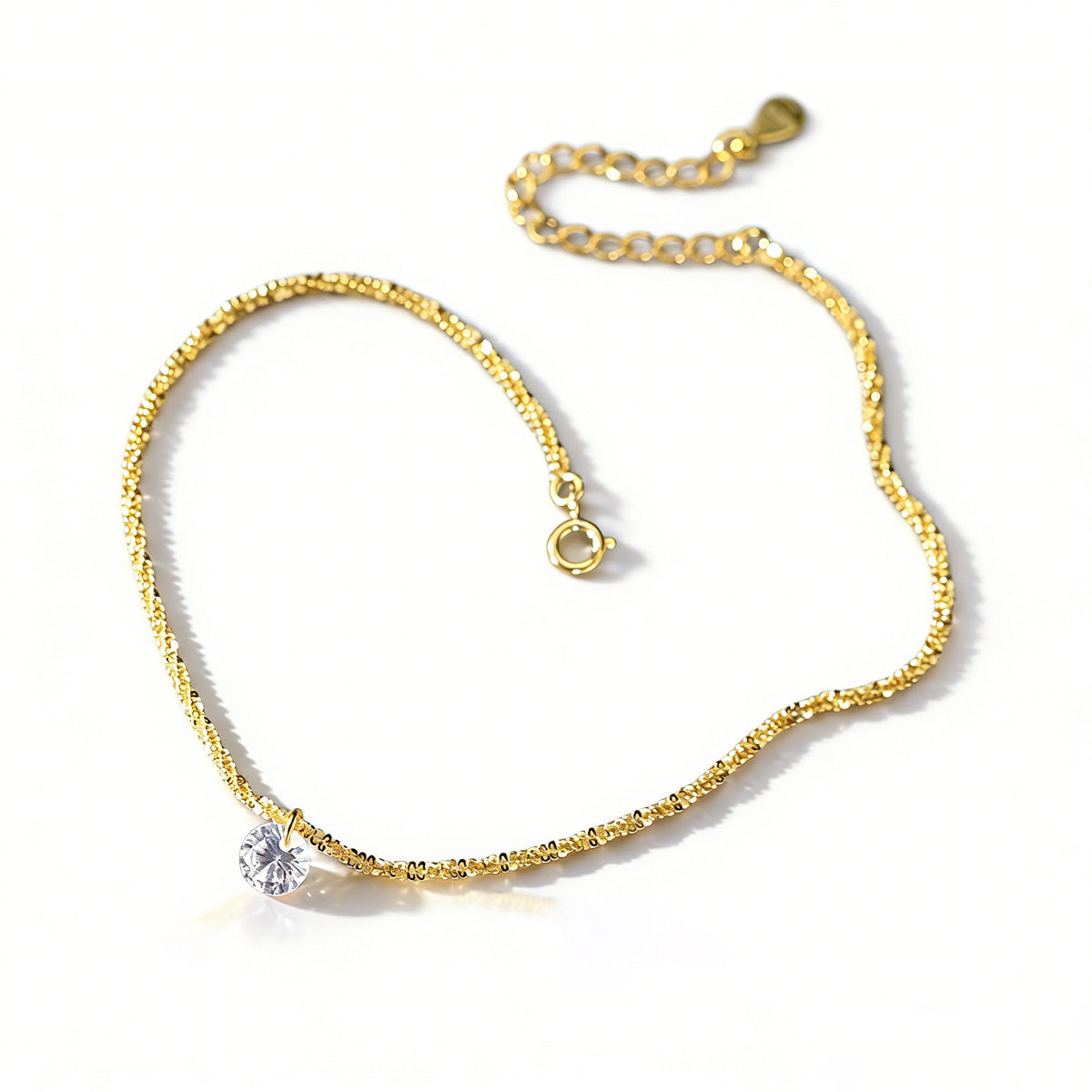 Single Round Clear Cubic Zirconia S925 Sterling Silver Anklet Minimalist Delicate Sparkle Chain Anklet