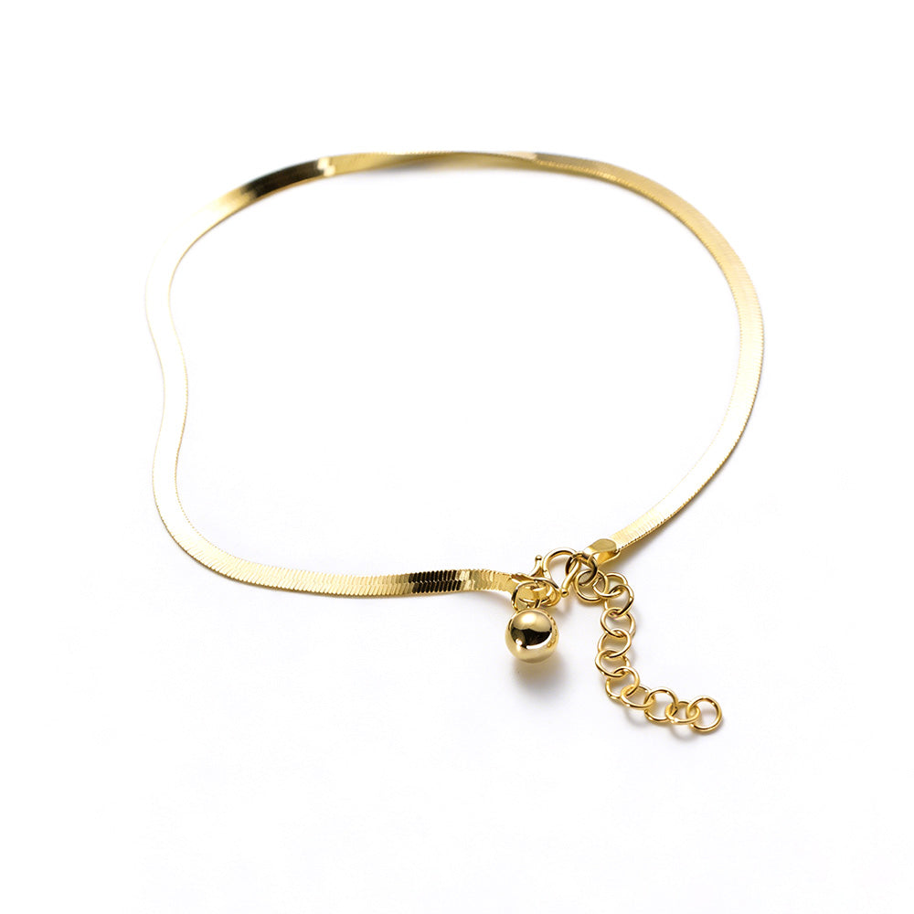 Minimalist Flat Snake Chain Round Bead Dangle S925 Sterling Silver Anklet