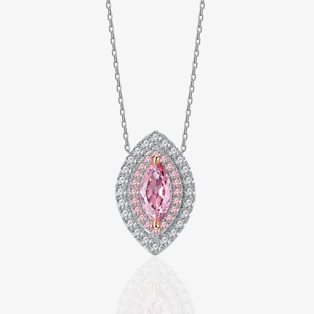 Eye Shape Pink Cubic Zirconia Halo Necklace In 925 Sterling Silver Marquise Center Stone Layered Pavé Pendant Necklace
