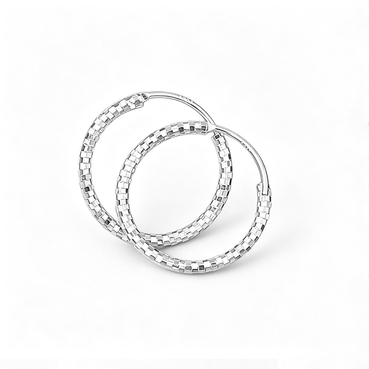 Geometric Textured  Sparkling Diamond Cut Circle Design  925 Sterling Silver  Hoop Earrings