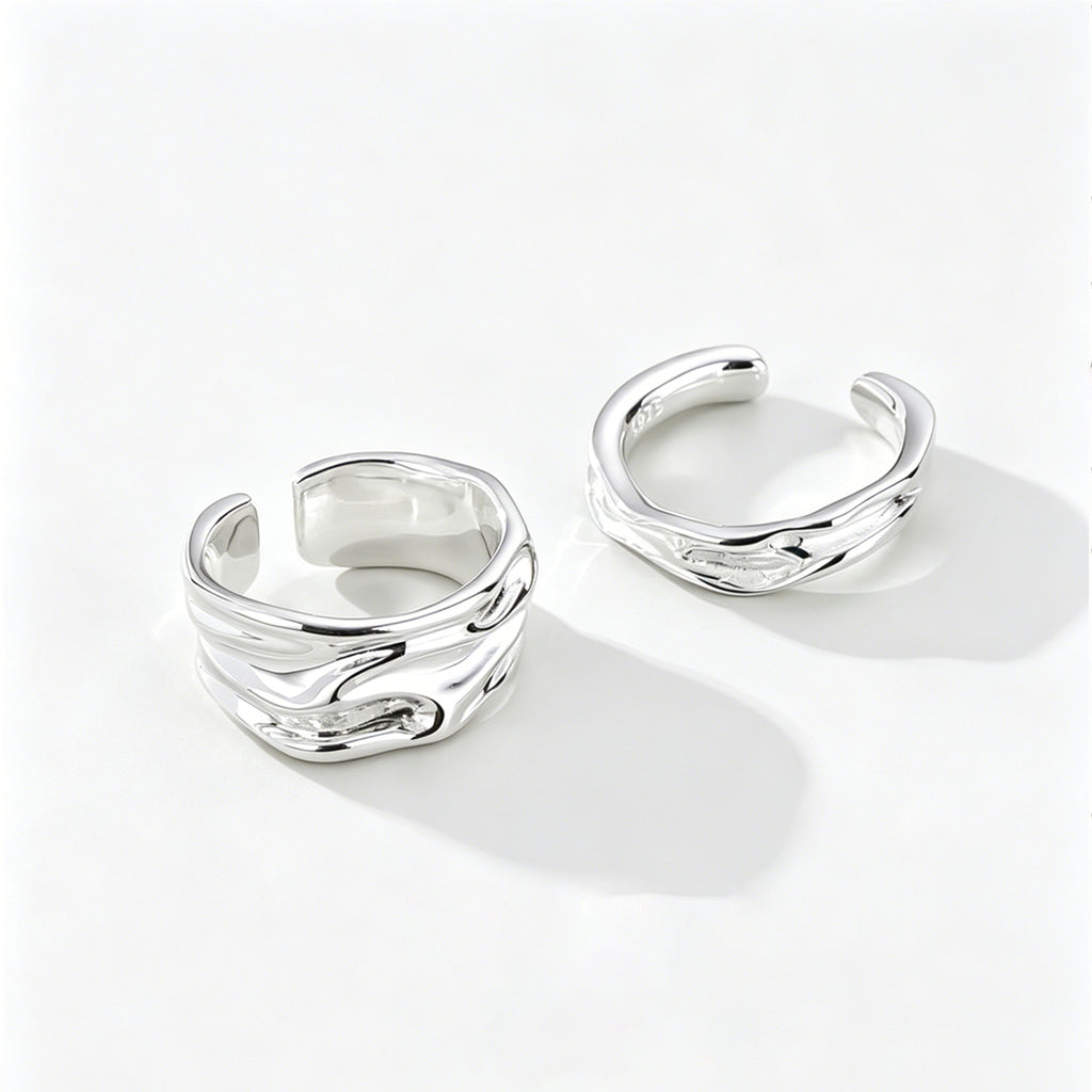 Minimalist Irregular Stream Texture Polished 925 Sterling Silver Adjustable Open Ring