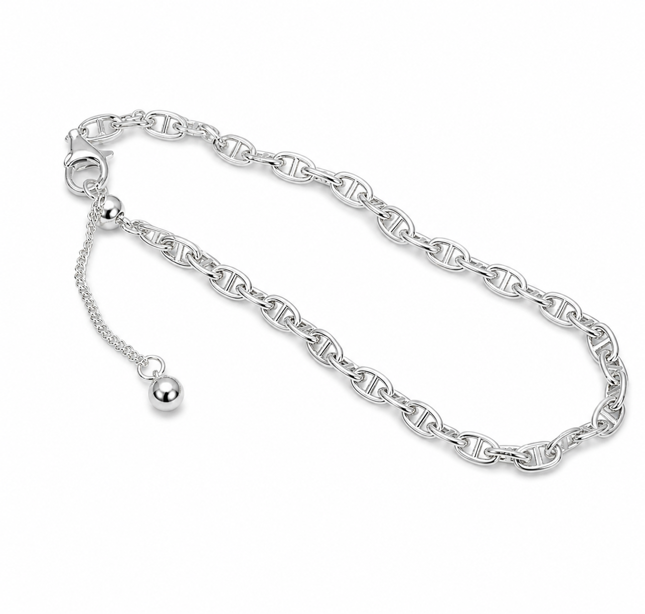 925 Sterling Silver Geometric Pig Nose Adjustable Sliding Chain Bracelet