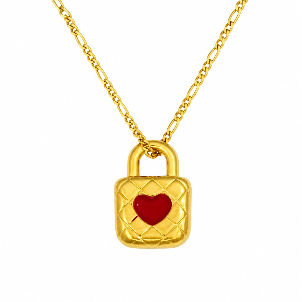 Romantic Enamel 925 Sterling Silver Red Enamel Heart Lock Pendant Gold Plated Necklace