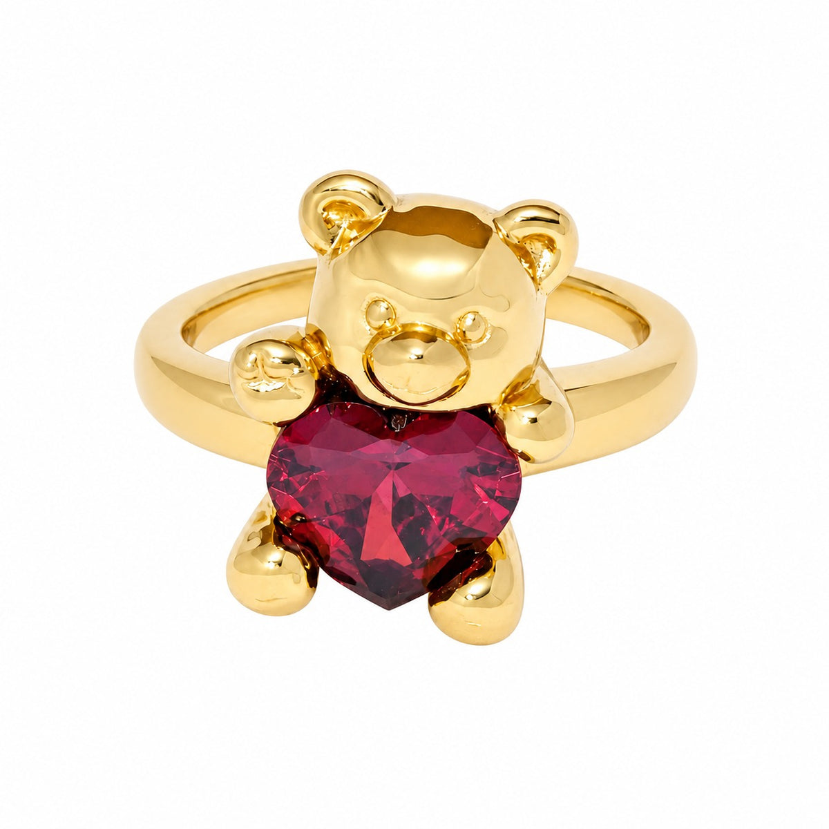 Adjustable Red Cubic Zirconia Heart-Shaped Bear Design 925 Sterling Silver Ring